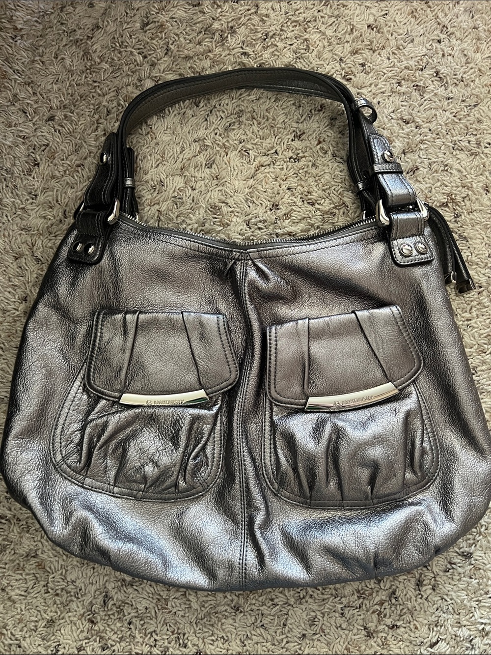 B Makowski Metallic Pewter silver shoulder bag purse